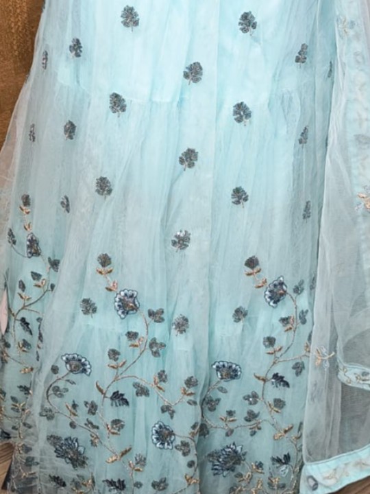Sky Blue Shiny Net Lehenga with Embroidery Work