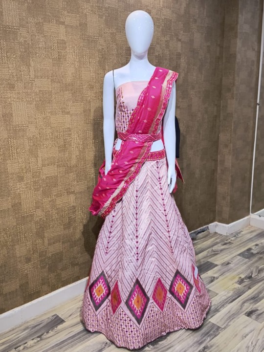 Pink Net Pattu Lehenga Set