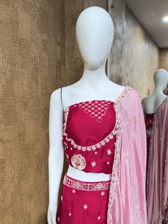 Red Lehenga with Pink Dupatta & Floral Embroidery