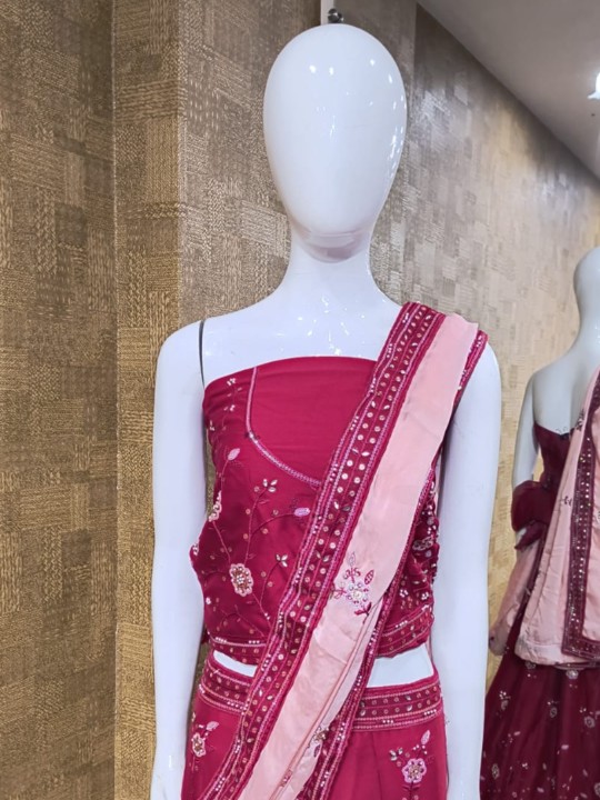 Peach Pink Dupatta & Red Stone Work Lehenga