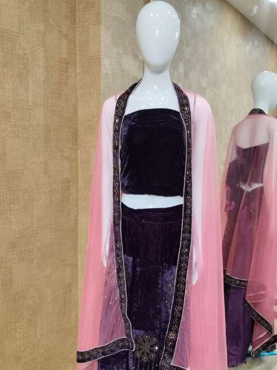 Dark Purple Lehenga with Stone Work & Pink Dupatta
