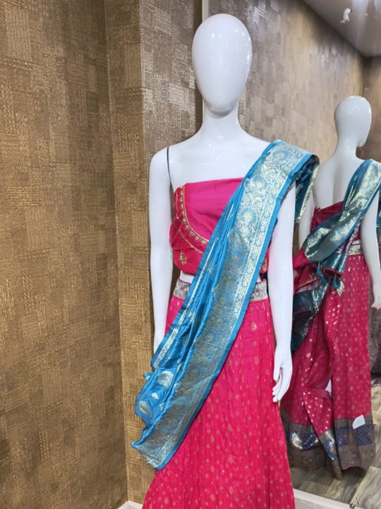 Pink Lehenga with Blue & Gold Butta Dupatta