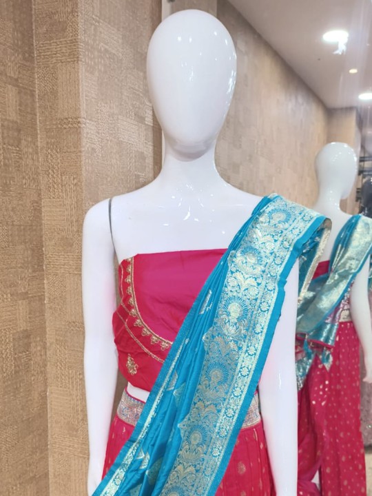 Pink Lehenga with Blue & Gold Butta Dupatta